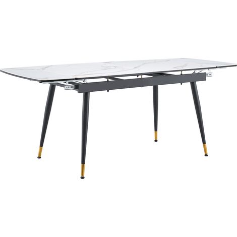 Mesa de comedor extensible de cerámica blanca con patas metálicas negras y doradas (1/5)