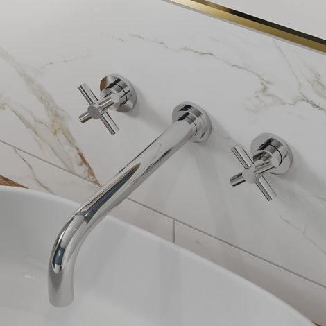 Wall Mounted Bathroom Bath Tub Mixer Tap Filler Spout Twin Cross Handles Chrome (1/3)