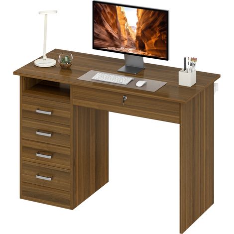 Bureau Informatique avec 5 Tiroirs, 110 x 50 cm, Bureau avec Rangement, Étagère Ouverte, Tiroir Verrouillable, Noyer (1/5)