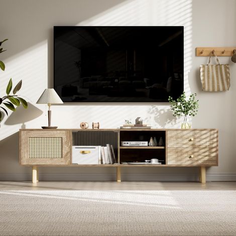 Mobile TV da 172 cm con 2 cassetti e scomparti aperti, ante in rattan e ante scorrevoli in vetro, spazio di archiviazione, cerniere di sicurezza, adatto per soggiorno e camera da letto - naturale (1/5)