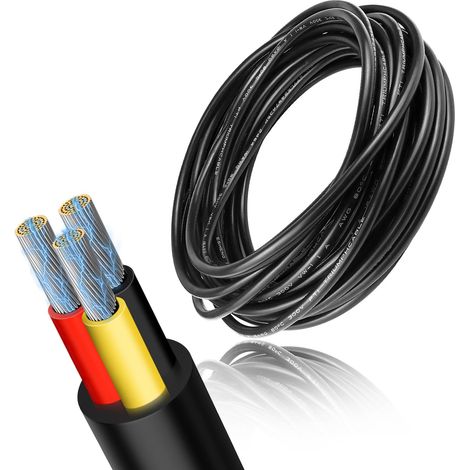 Câble électrique à 3 fils - 22 AWG - 3 x 0,3 mm² - 5 m - Câble électrique en cuivre étamé flexible - Multibrins - Résistant aux températures élevées - Pour DC 5 V/12 V/24 V, LED, voiture, (1/5)