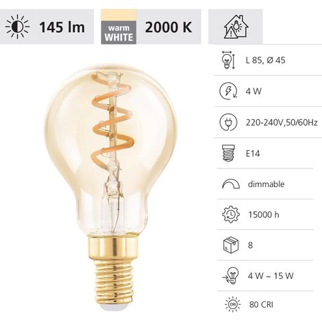 EGLO E14 LED dimmerabile, lampadina a spirale, illuminazione retrò a vintage color ambra, 4 Watt (equivalente a 15 Watt), 145 lumen, bianco caldo, 2000k, lampadina Edison P45, Ø 4,5 cm (1/3)