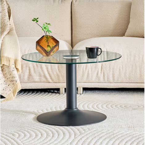Tavolino rotondo in vetro 70 cm, piano temperato, metallo nero DESVIAE (1/5)