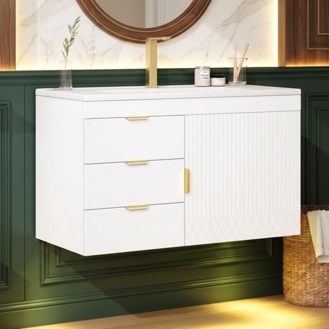 Mueble de baño de 76 cm con lavabo integrado, mueble de baño suspendido con iluminación LED y lámpara, acabado en madera blanca, mecanismo de cierre suave, grifo no incluido. (1/5)