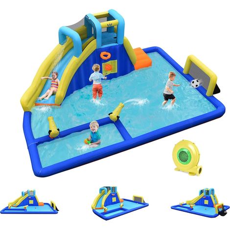 GOPLUS Château Gonflable Foot avec Toboggan et Pistolet à Eau, Aire de Jeux Aquatique pour Enfants Plus de 3 Ans (avec Souffleur 680W) (1/5)
