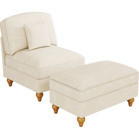 GagaFauteuil lounge chenille, jupe amovible, pieds fuseau, pouf mobile, blanc (1/5)