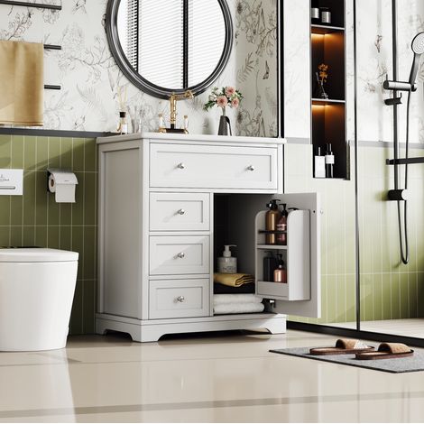 Meuble vasque sur pied moderne blanc en MDF avec vasque céramique intégrée, 1 porte et 4 tiroirs 76x46x87 cm (1/5)