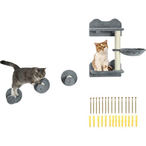 Escalier pour chat, mur d'escalade, escalier pour chat, ensemble 4 pièces, avec griffoir, hamac, gris et blanc crème, 40 x 28 x 73 cm