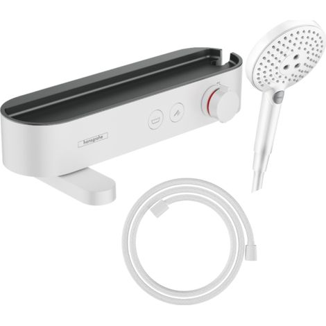 Pack mezclador termostático para baño/ducha HANSGROHE ShowerTablet Select + flexo Designflex + rociador de ducha Raindance de 3 chorros, blanco mate