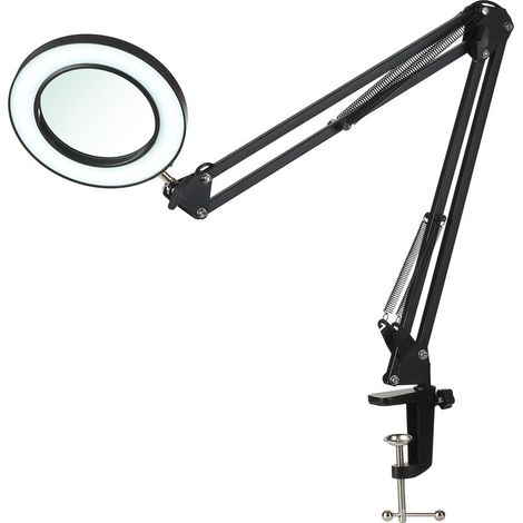 Lampe de table flexible à pince, avec loupe 8x, bras oscillant à intensité variable, lampe de bureau, lampe d'étude, Noir