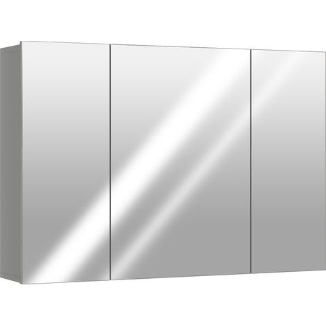 Armoire de rangement murale pour salle de bain, 3 portes miroir, étagères ajustables en panneau MDF gris, dimensions 90 x 15 x 60 cm (1/5)