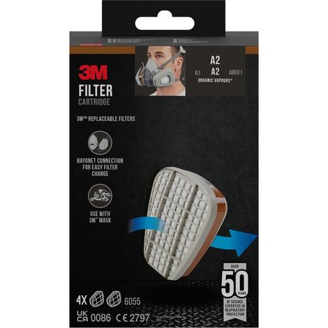 Filtres ANTI-GAZ A2 6055 pour demi masque - 4 paires - 3M - 6055N04 00