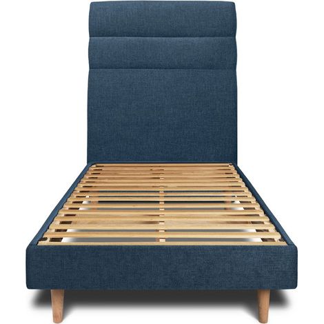 Lit 90x190cm avec tête de lit lignes tissu et sommier kit Bleu - Hauteur totale : 29cm (1/5)