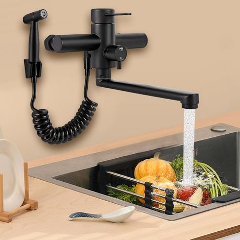 Wasserhahn Küche Wandmontage,Küchenarmatur mit Spritzpistole,Wandarmatur Schwenkbarem 360°-Auslauf, Drehrohr 23cm