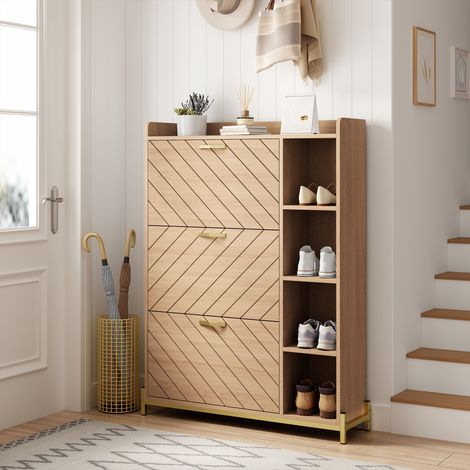 Scarpiera 90x24x119 cm, 3 ante a ribalta con ripiani a giorno, MDF effetto rovere naturale