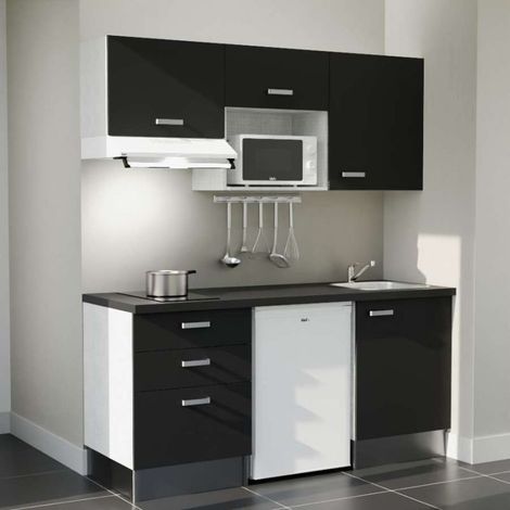 Kitchenette 180 cm K20 Noir - Plan de travail Noir texturé - Crédence : Non - avec plaque, hotte, micro-ondes et frigo Blanc (1/5)