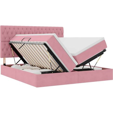 Lit rose avec matelas et rangement, 180 x 200 cm, tissu velours. (1/5)