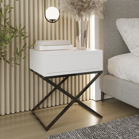 AX LIVING Nachttisch modern Aleio X 45 cm, weiß, schwarzes Gestell