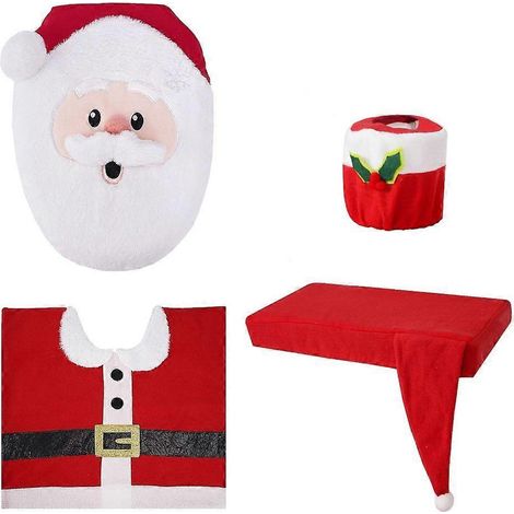 Ensemble de salle de bain sur le thème de Noël, housse de toilette Père Noël, tapis de toilette, cache-réservoir, boîte à papier décorative (1/4)