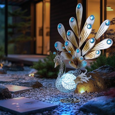 Solar Pfau Dekoleuchte Solarlampe Pfau Außenleuchte Solar Tierfigur, Metall Dekosteine, IP44, LED 0,06W, LxBxH 38x21,3x56,8 cm