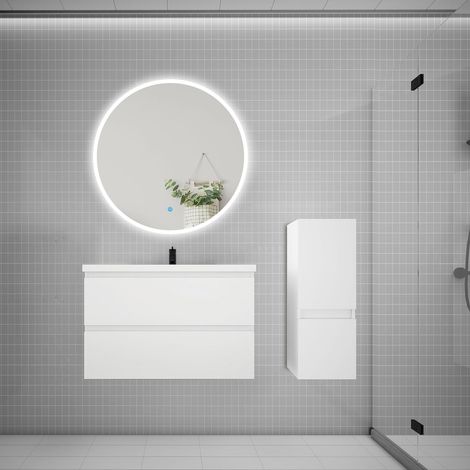 Ensemble meuble vasque L.79cm 2 tiroirs + lavabo + LED miroir rond 90cm + colonne,blanc