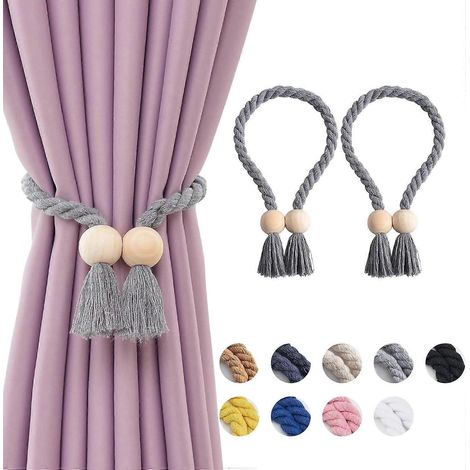 Lot de 2 embrasses magnétiques en bois pour rideaux, style bohème, en corde de coton naturel tissée à la main, grises. (1/5)