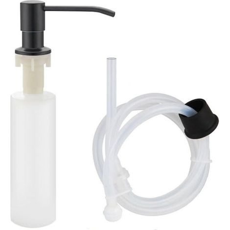 Dispensador de jabón empotrable de acero inoxidable con botella de 500 ml, manguera de silicona de 1 m, 3 tapas universales, dispensador de jabón para fregadero de cocina, baños, negro (1/5)