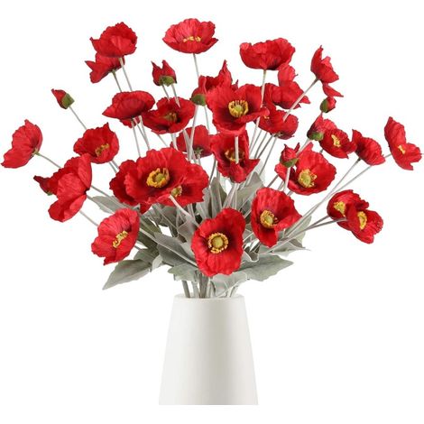 Pavots artificiels en soie, lot de 8 coquelicots rouges, fleurs synthétiques pour bouquet de mariage, centre de table, décoration intérieure et fête (1/5)