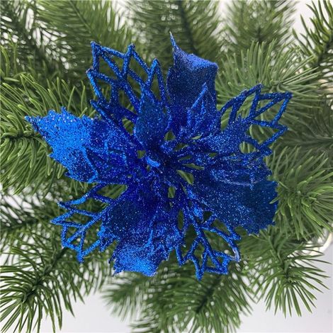 12 poinsettias artificiels scintillants pour décorer le sapin de Noël (bleu royal, 11 cm) (1/5)