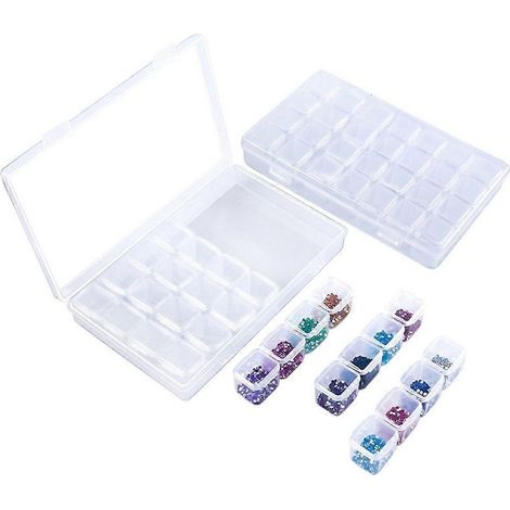 Lot de 2 boîtes de rangement en plastique transparent à 28 compartiments, réglables, pour bijoux, perles et anneaux de nail art. (1/4)