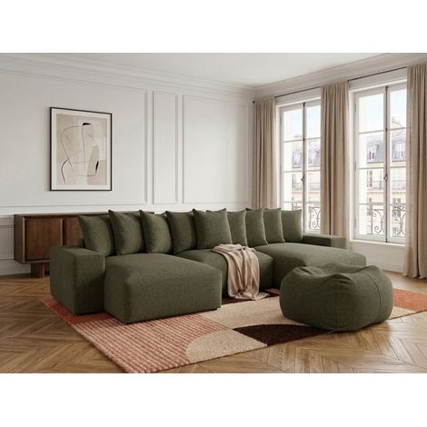 BOBOCHIC - Canapé panoramique fixe VOLTAIRE tissu chiné avec pouf   Vert (1/5)