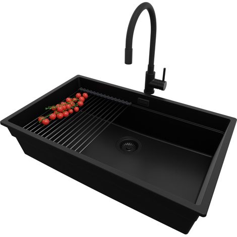 PRIMAGRAN Evier Cuisine en Granit 76x47cm, Lavabo 1 bac + Kit de Vidage + Accessoire, Évier à Encastrer au meuble 80cm - Prague Slim, Tout Noir (1/5)