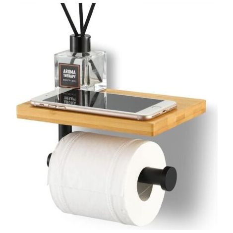 Toilettenpapierhalter mit Bambusregal Badezimmerrollenhalter SUS304 Edelstahl Wandhalterung Mattschwarz - INHHUB