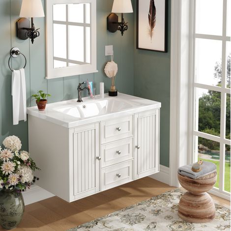 Hängender Badschrank mit Waschbecken, 81 x 46 x 46,8 cm, Weiß HAVRYA (1/5)