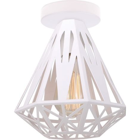 Vintage Plafonnier Industriel en Métal Cage Suspensions Lustres Abat-Jour Luminaire E27 Lampe de Plafond de Rendu pour Chambre Café Restaurent Entrée Couloir, 20cm, Blanc [Classe énergétique A]