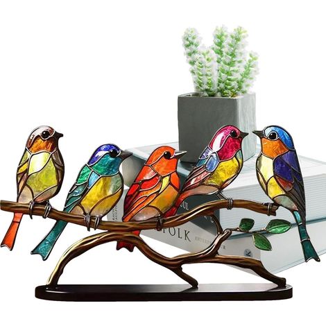 Décoration « Oiseaux sur une branche » : figurine plate et colorée en acrylique pour bureau ou maison (modèle à 5 oiseaux) (1/5)