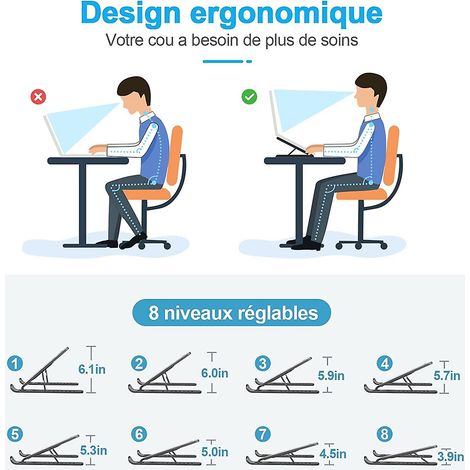 Support réglable à 8 niveaux pour ordinateur portable, en plastique antidérapant, silicone et alliage d'aluminium, compatible avec MacBook Air Pro, HP, 10-15,6 pouces (1/4)
