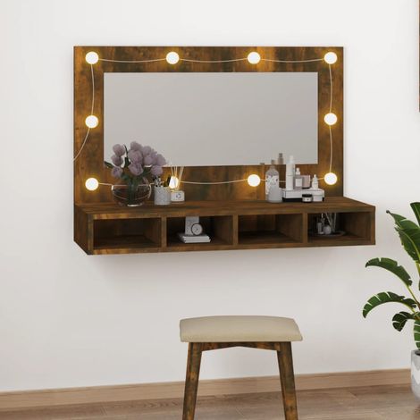 Armoire à miroir avec LED, Armoire de Salle de Bain, Armoire de Rangement Murale Chêne fumé 90x31,5x62 cm HYB78414 (1/5)