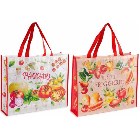 Borse shopping bag riutilizzabili in poliestere rigido con stampa verdure e scritta, set da 10 pezzi, cm 45x11x36 H (con manici 56)