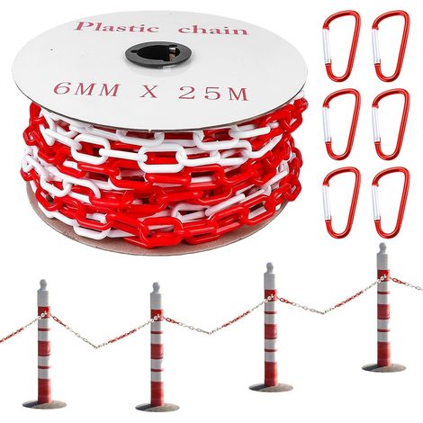 Chaîne de signalisation de 25 m, 6 mm, chaîne en plastique rouge et blanc, chaîne en plastique, chaîne de sécurité de chantier, chaîne à maillons en plastique pour la sécurité (1/5)