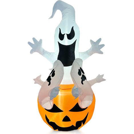 Ortviai Décor gonflable Halloween Fantôme Citrouille blanche lumineuse 1,8 m – 3 pièces avec LED et soufflante silencieuse (1/4)