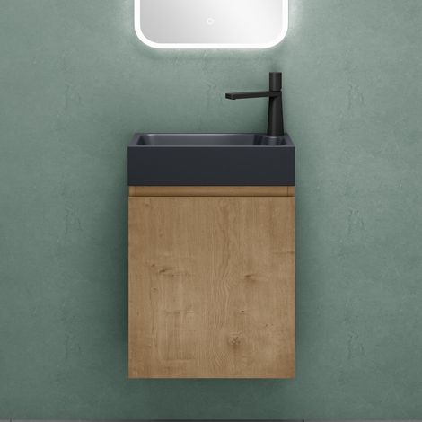 Mai & Mai Mobile Bagno Sospeso46x26x63cm in Marrone chiaro, Set Mobiletto per Bagno con Lavabo da Minerale fuso in Antracite opaco, Seria Pisa02 (1/5)
