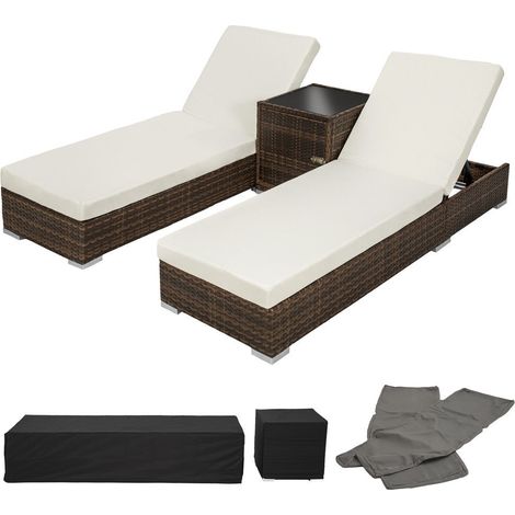 Set di due lettini prendisole in resina polyrattan intrecciato + tavolo + due set di coperture + copertura protettiva marrone 080000504