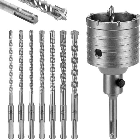 Kit de 8 Pièces Forets à Béton SDS Plus - Ensemble Complet avec 7 Forets (5,6,6,8,8,10,12mm) et 1 Trépan Ciment 68mm - Pour Perçage dans le Béton, Béton Armé, Brique, Pierre, Maçonnerie (1/5)