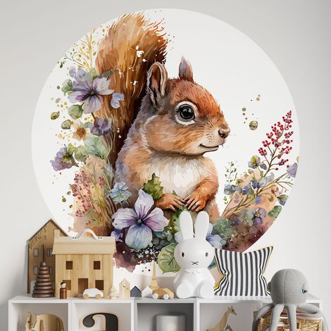 Sticker mural rond / cercle Enfants - Écureuil - Diamètre 30 cm - Adhésif MAT (1/2)