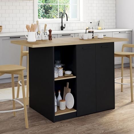 Isla central BAO 140 cm para 4 personas en madera negra con encimera efecto haya