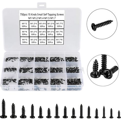 750 Pièces Petites Vis Cruciformes à Tête Ronde,Mini Vis Autotaraudeuse 15 Types M1 M1,2 M1,4 M1,5 M1,7 Noir - Micro Vis de Réparation électronique, pour Téléphones Lunettes Montre. (1/5)