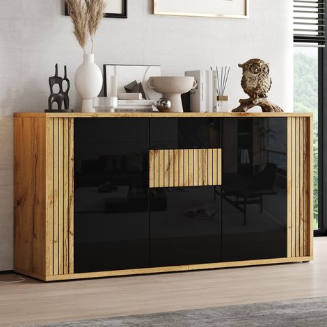 Aparador 140x35x71 cm 3 puertas push-to-open, 6 compartimentos, frontal brillante y madera natural - negro (1/5)