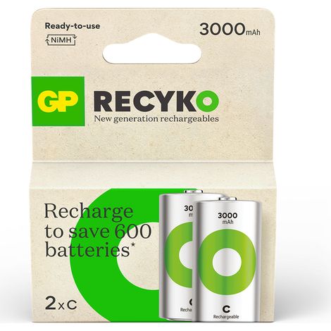 GP - ReCyko Rechargeable Battery, Size C, 3000 mAh, 1.2V (2-pack)