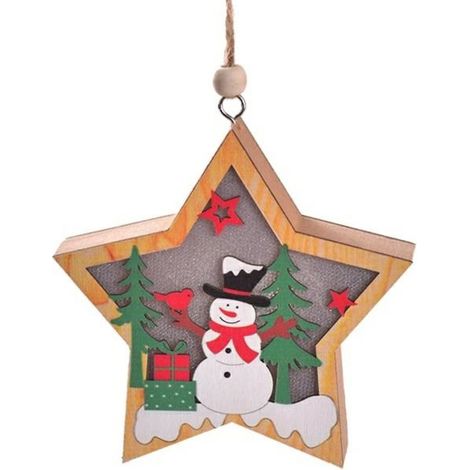 Muñeco de nieve de madera con luces navideñas y estrella (1/2)